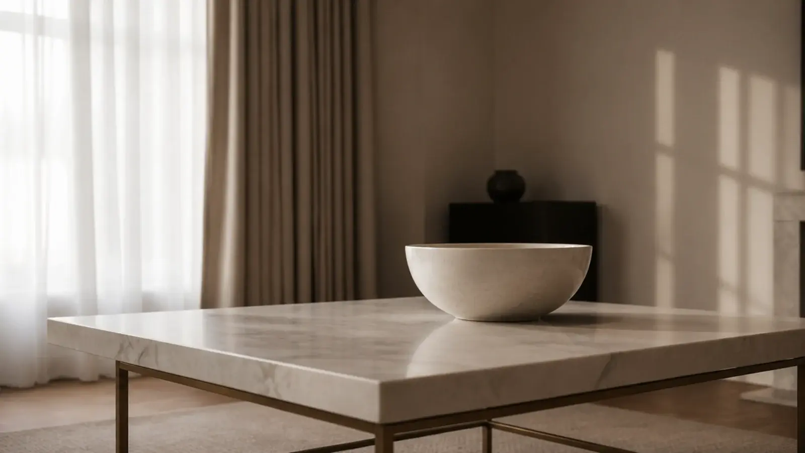 luxury center table in a living room with thick marble and brass