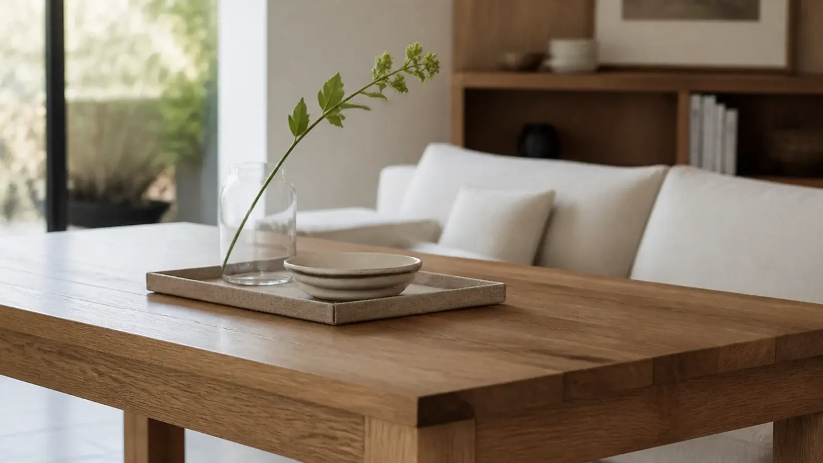 wooden modern center table in a living room styled with a tray and bowl