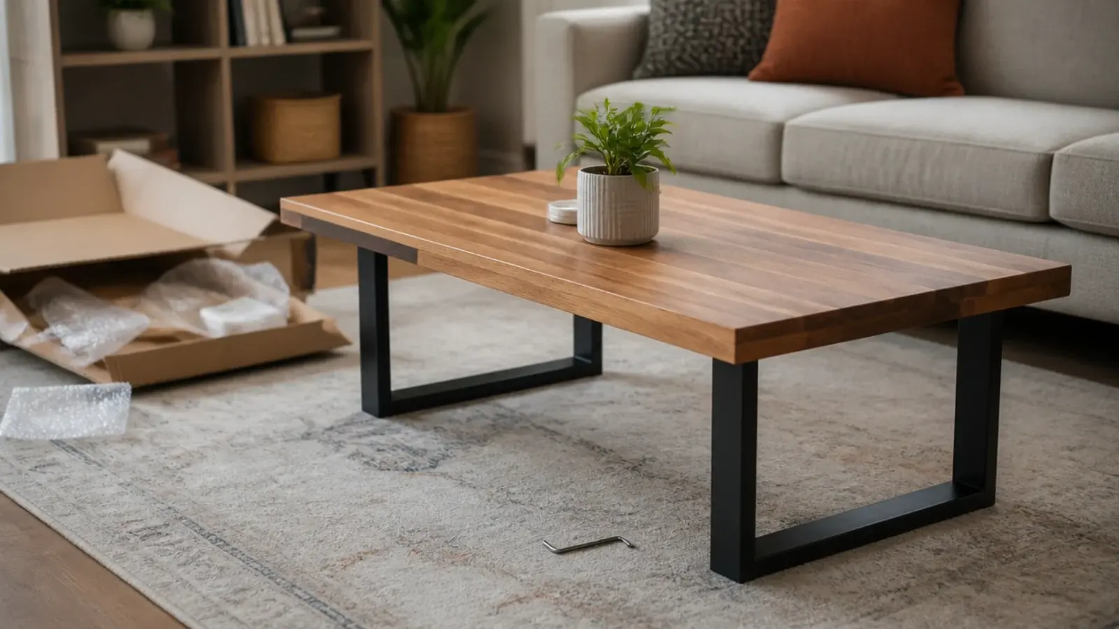 diy center table for a living room built from a kit with steel legs