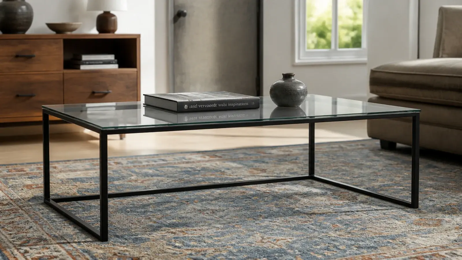 glass center table in a living room over a patterned rug and steel base
