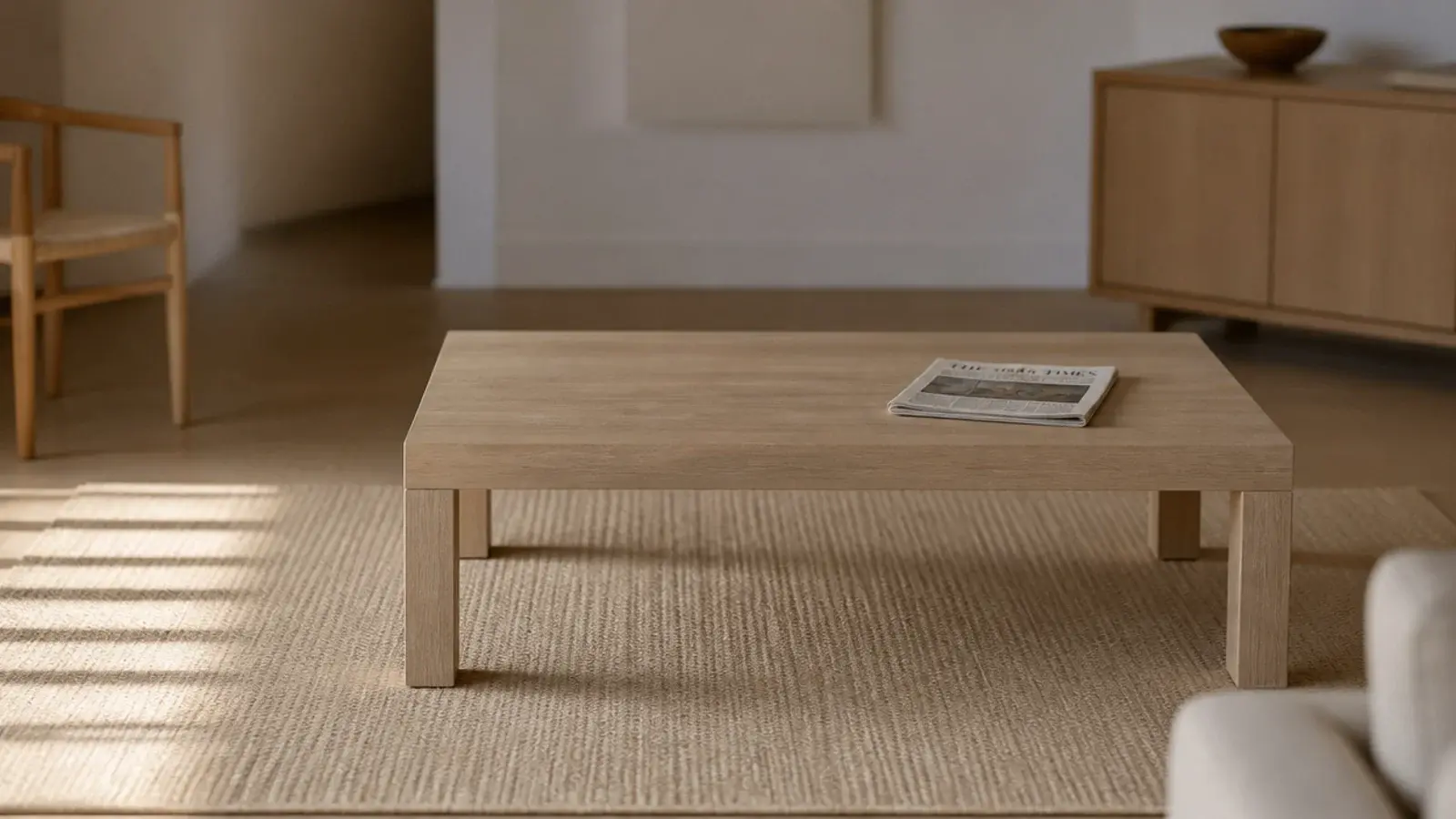 simple four legged rectangular table in ash centred on a flat weave rug