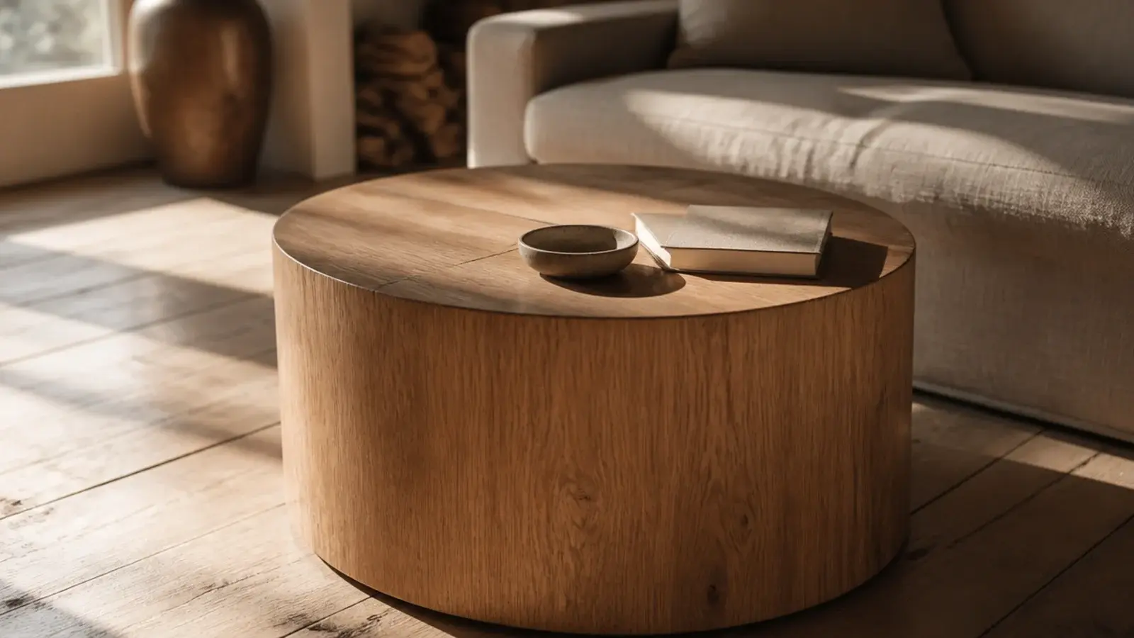 chunky round drum table in solid timber standing beside a low sofa