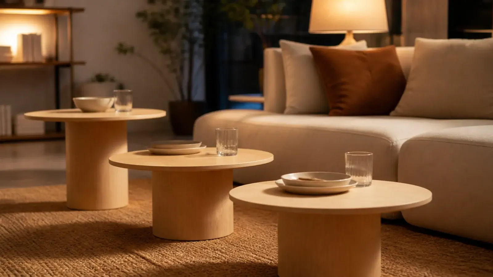 three graduated nesting tables fanned out across a living room floor