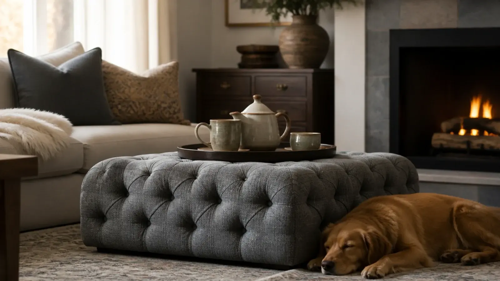 deep buttoned fabric ottoman used as a center table with a firm tray