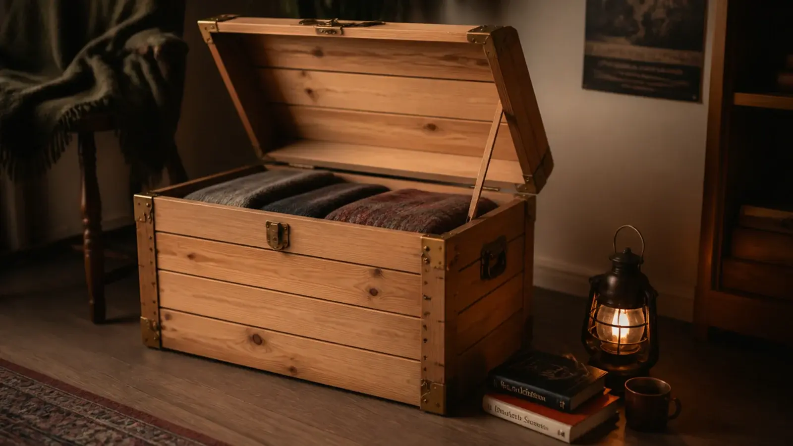 wooden storage trunk with the lid raised showing folded blankets inside