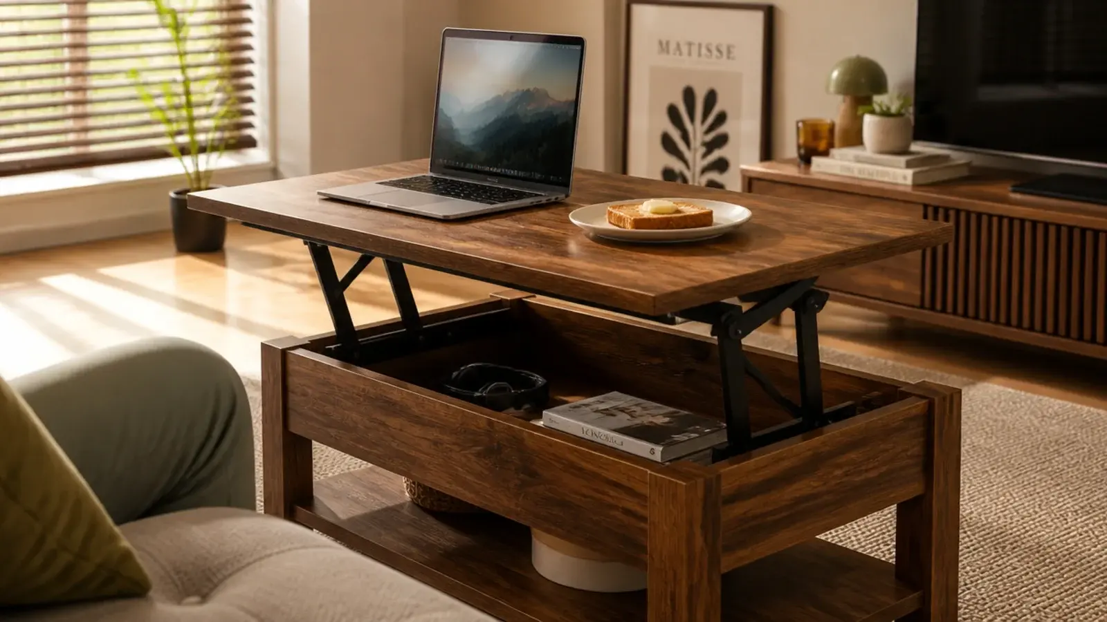 lift top table raised with a laptop and plate on the elevated surface