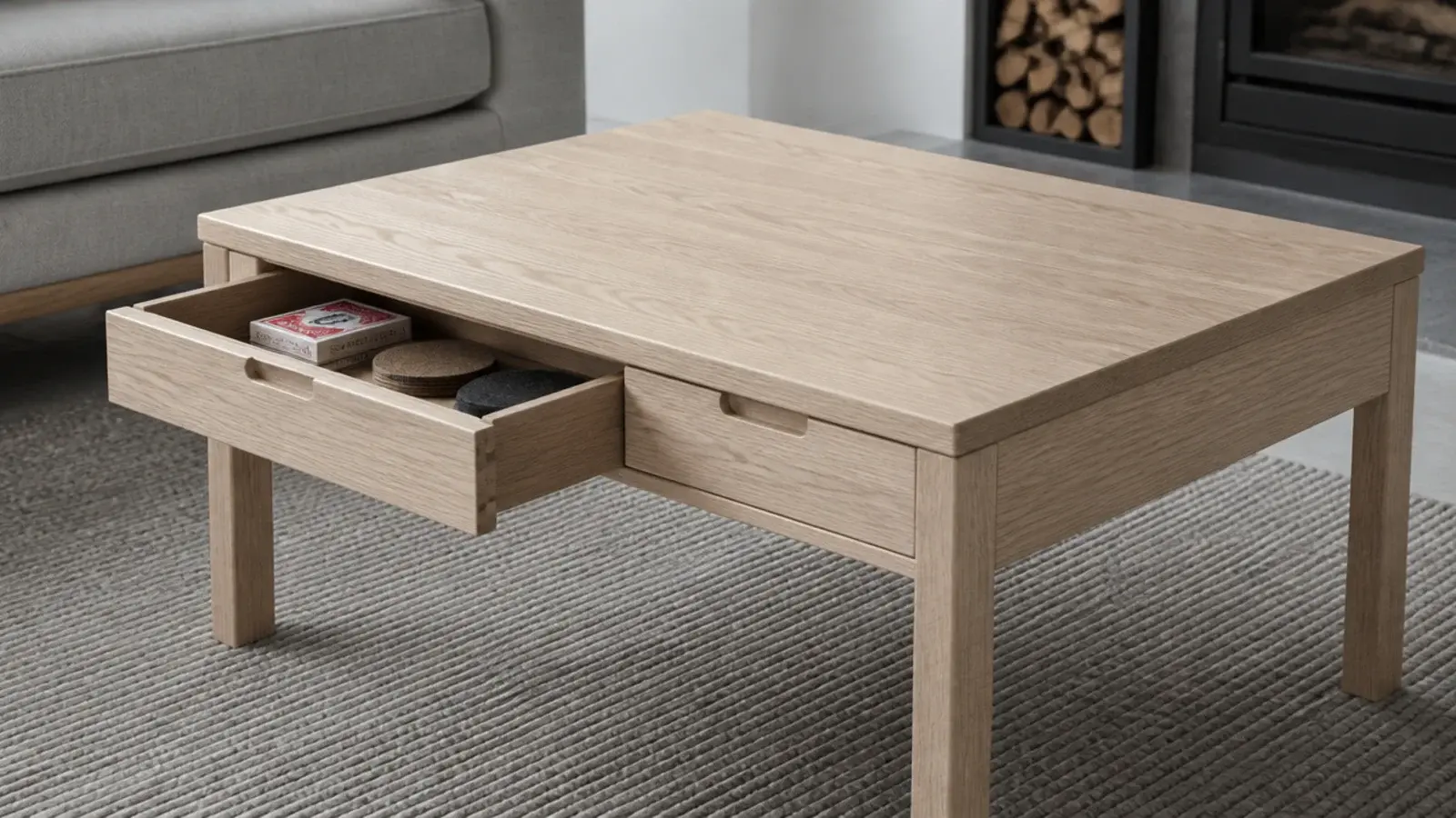 center table with two shallow drawers and slim recessed pull handles