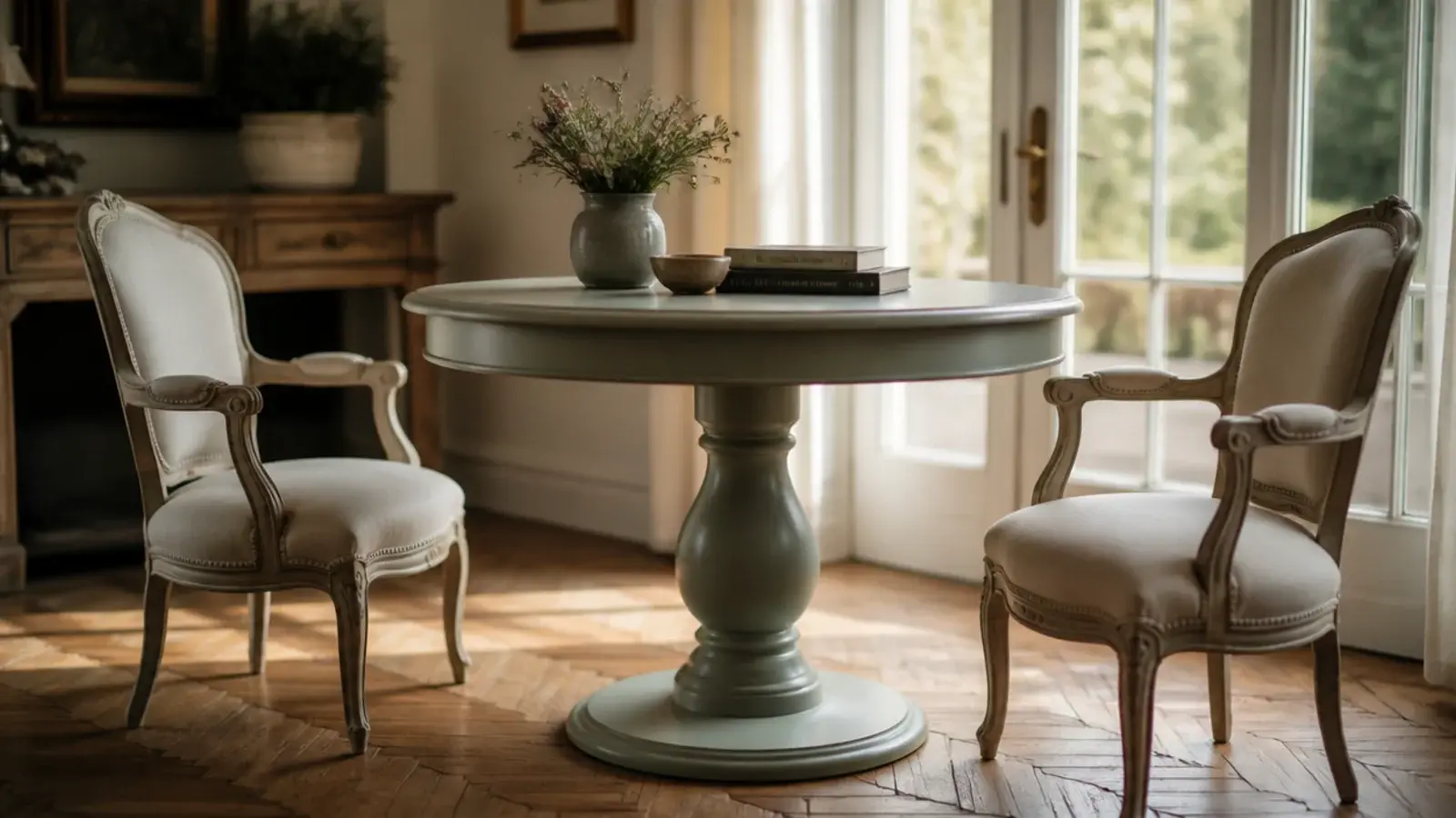 round pedestal table with a turned central column and disc base
