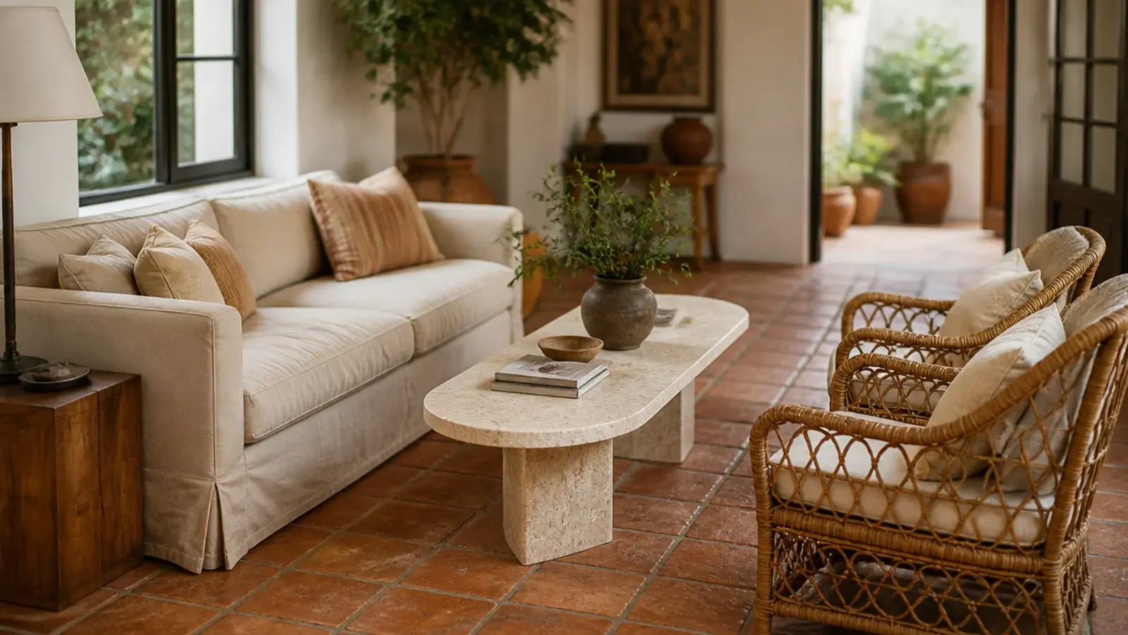 oval center table softening the route between a sofa and armchair