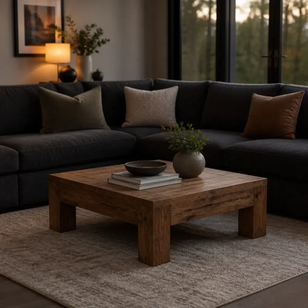 large square table sitting inside the corner of an L shaped sectional