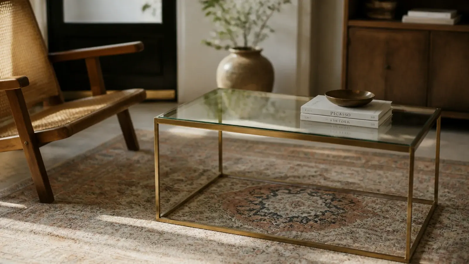 glass topped table on a fine brass frame above a patterned rug