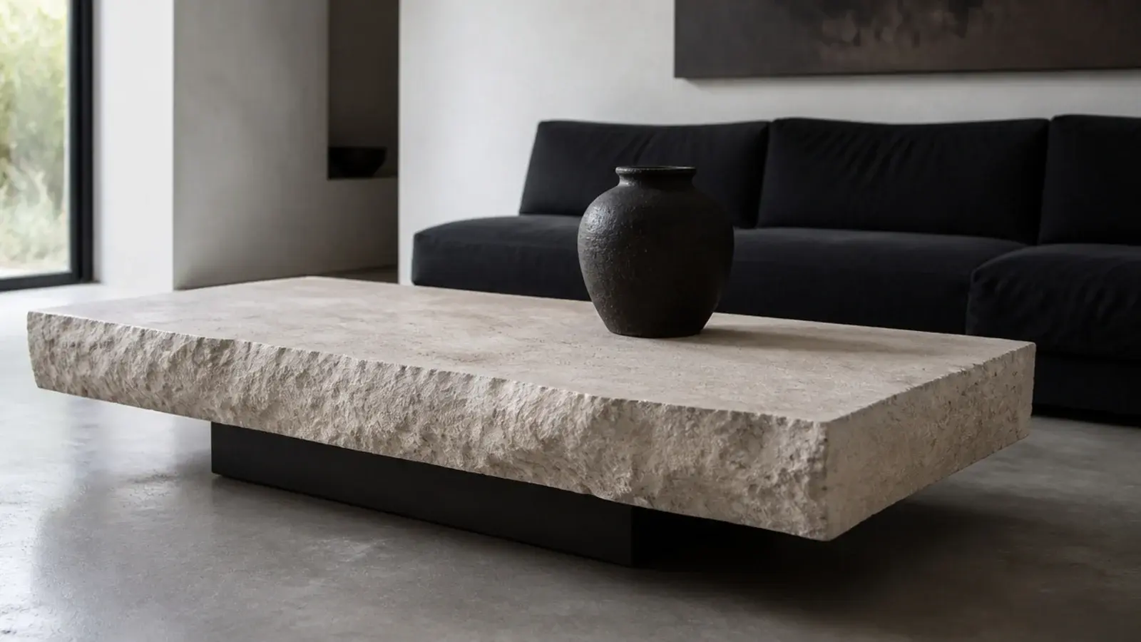 thick stone slab table carried on a slim blackened steel base