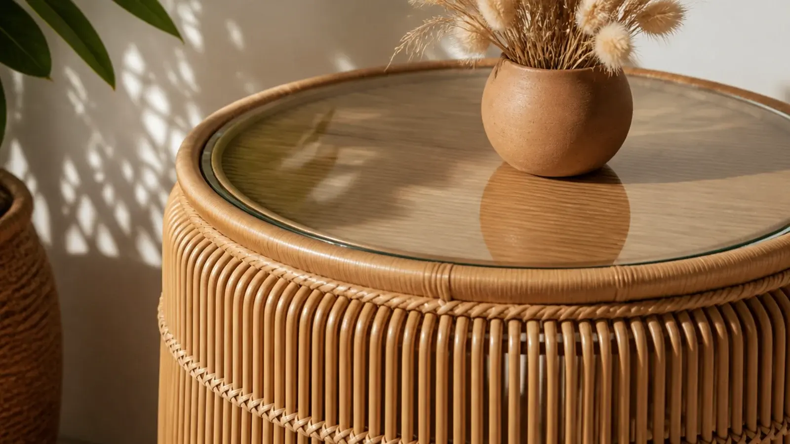 woven rattan drum table with a glass insert protecting the weave