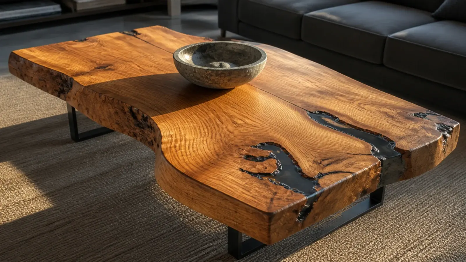 live edge timber slab table with the natural bark line left intact
