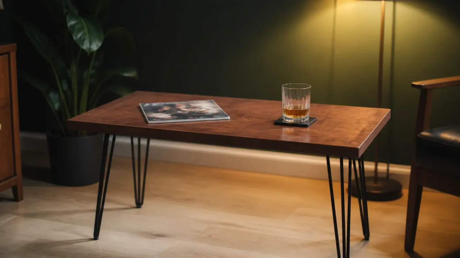 walnut table on three slim hairpin legs above a pale wooden floor