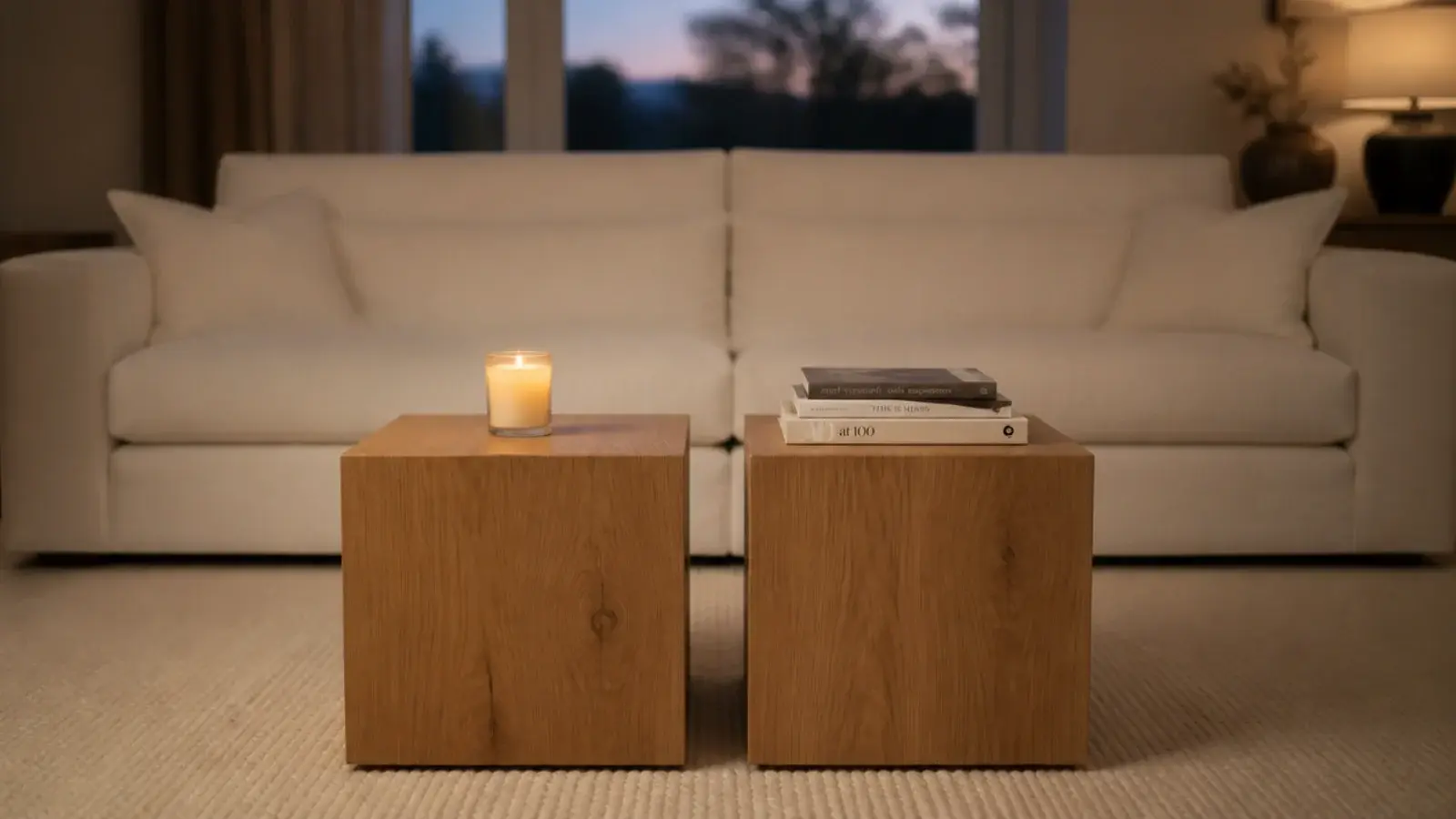 two identical timber cubes set as a pair in front of a long sofa