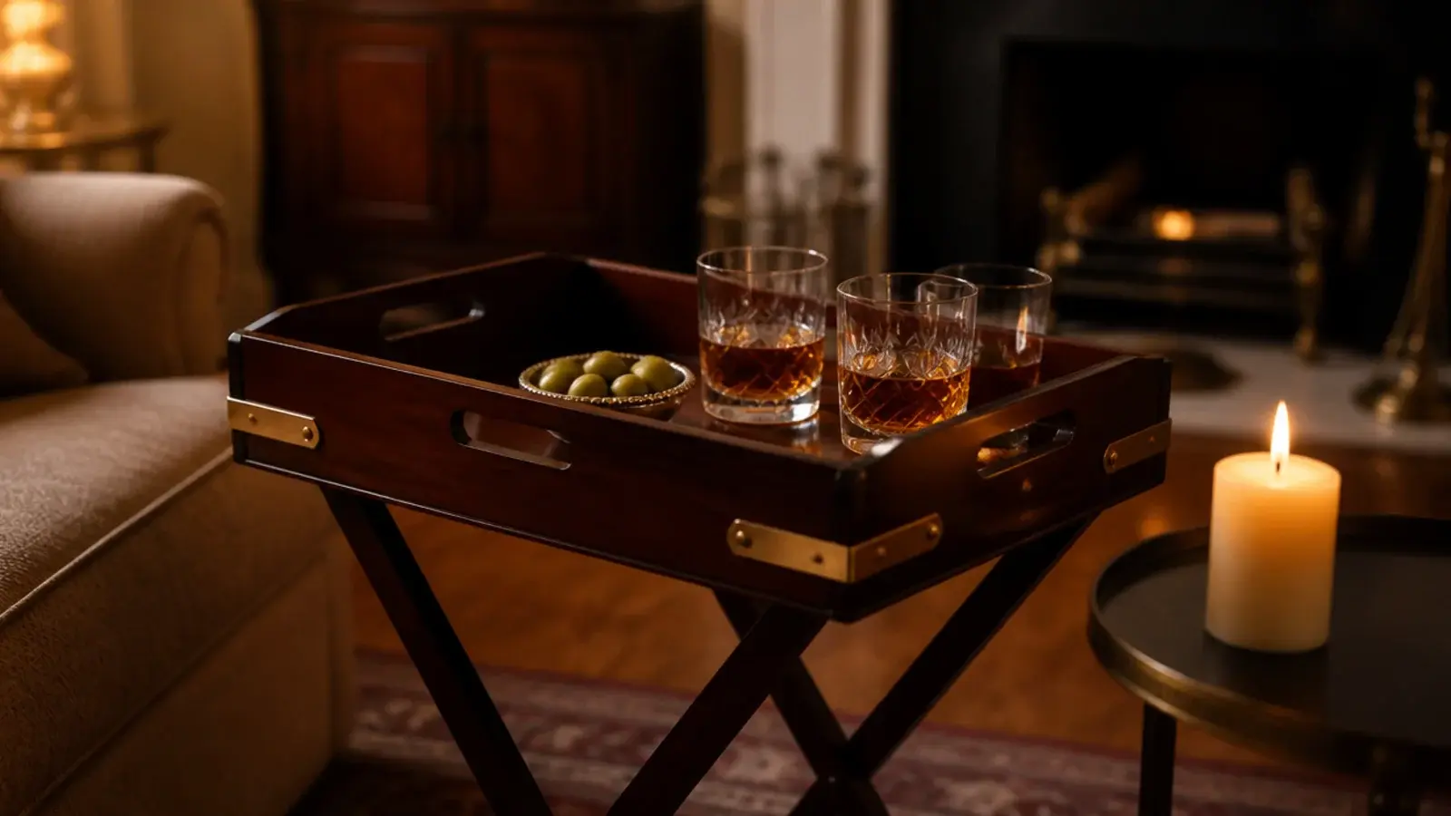 butler tray table with folding sides raised around a serving surface