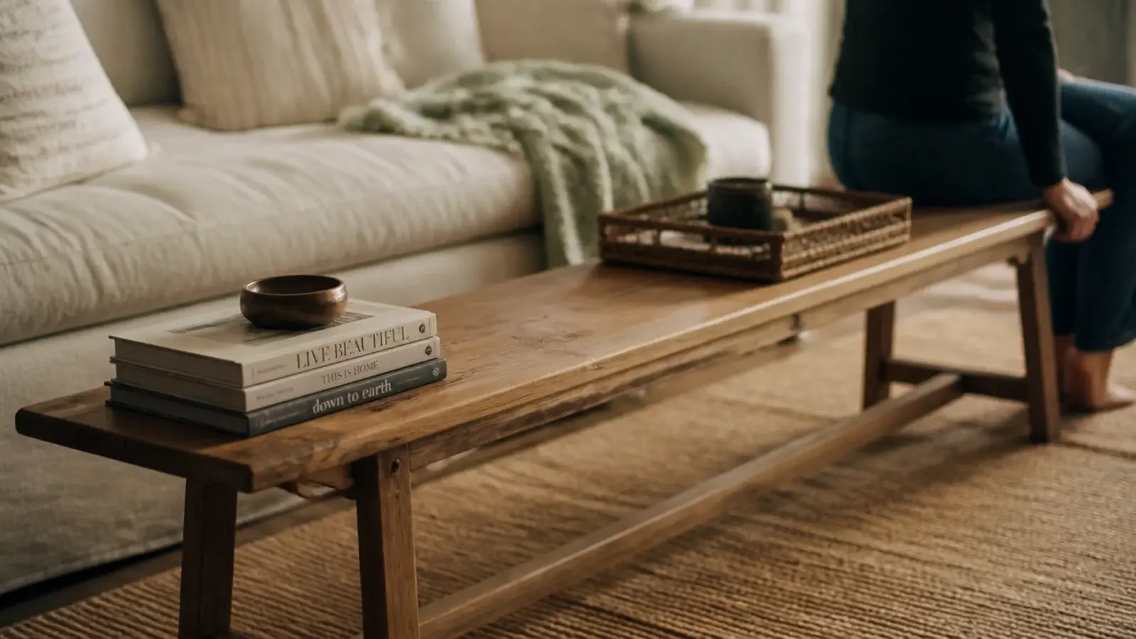 long low timber bench used in front of a sofa instead of a table