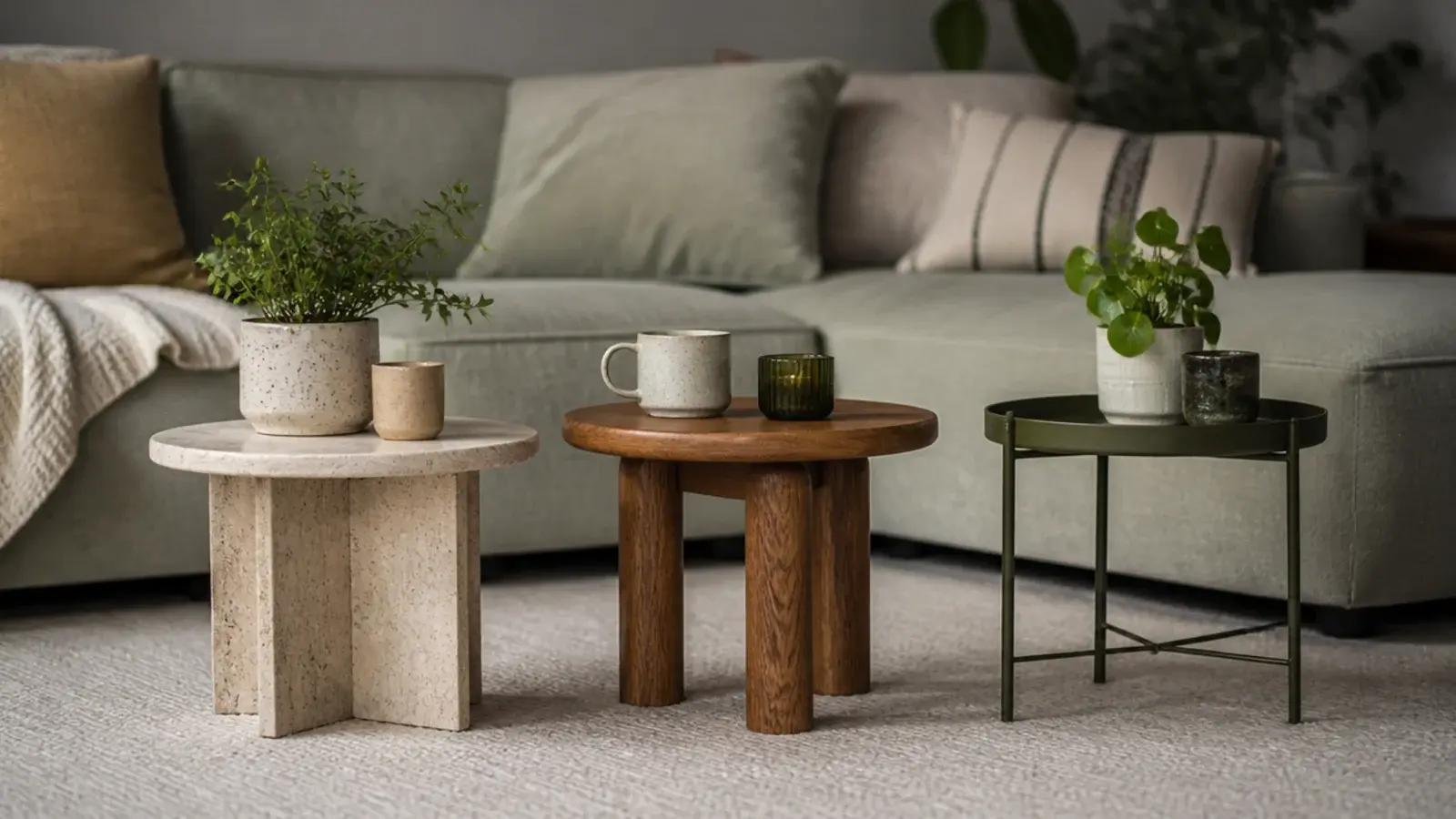 three unmatched small tables grouped together as one center surface