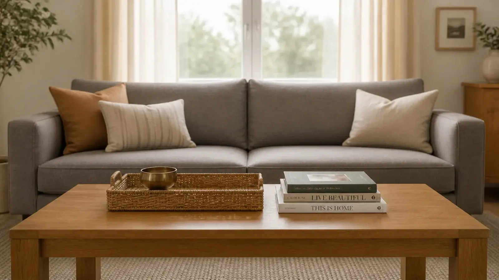 living room center table in oak with a tray and books beside a sofa
