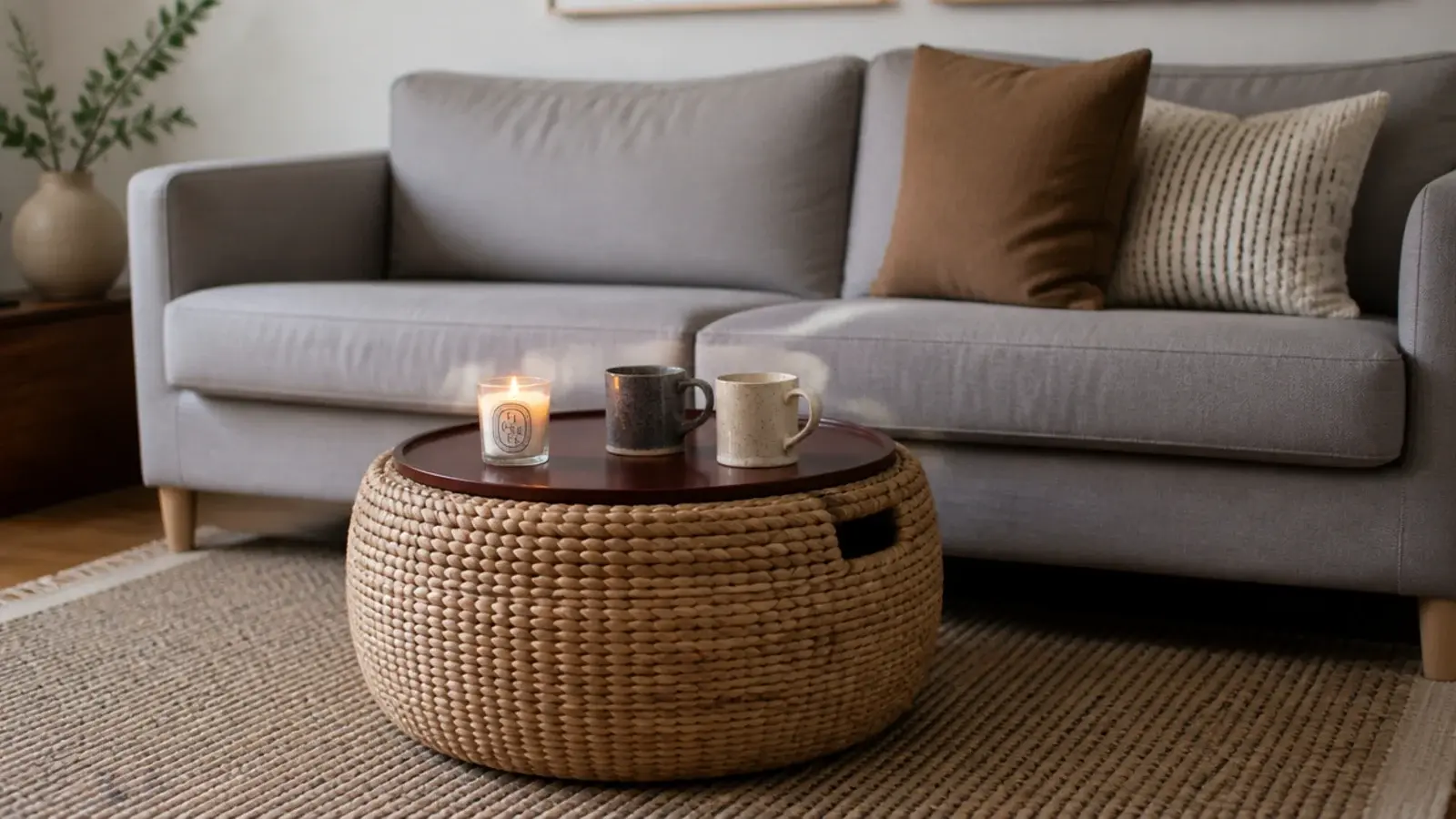 living room center table decor ideas for a rental with tray and basket