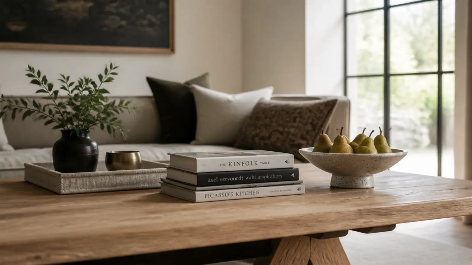 living room center table decoration with a tray books and a low bowl