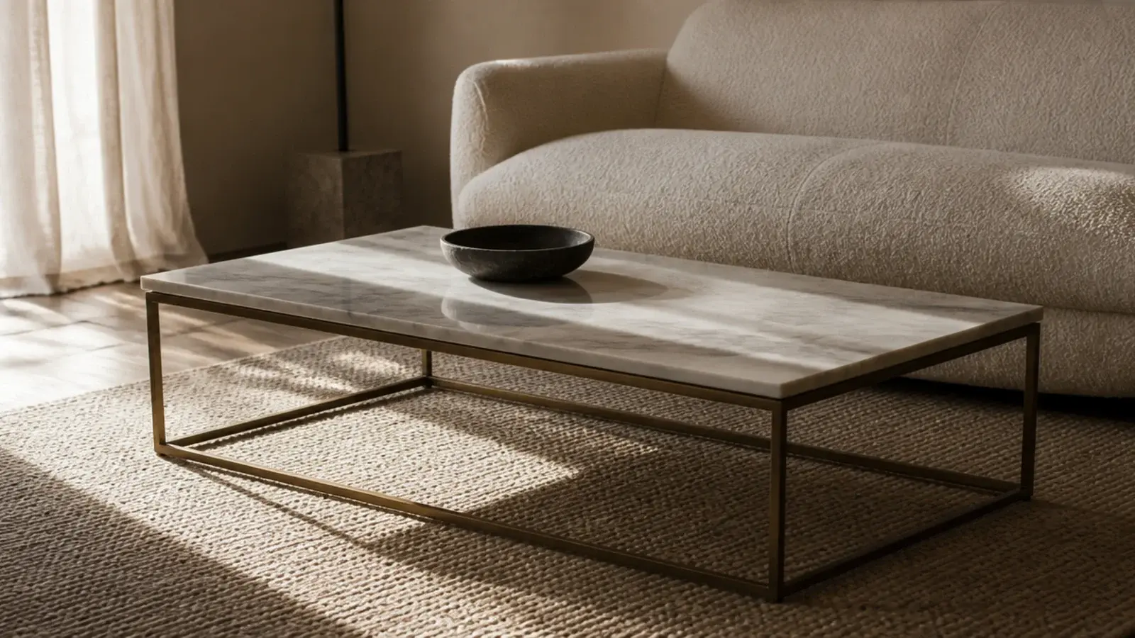 marble center table in a living room with soft grey veining and brass base