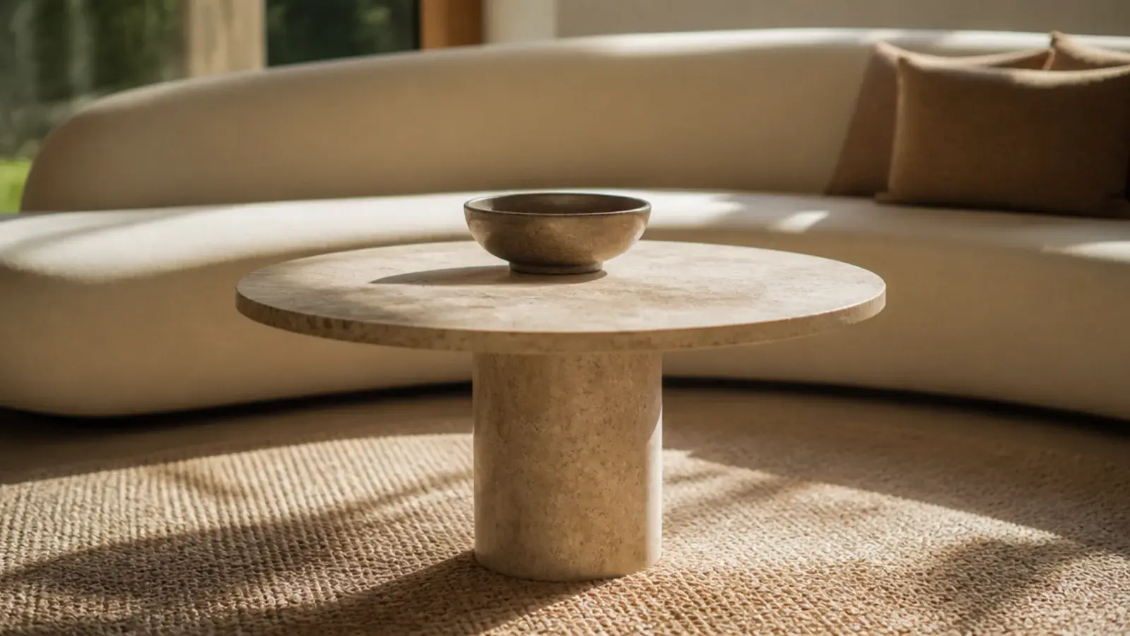 round center table in a living room with a pedestal base and stone top