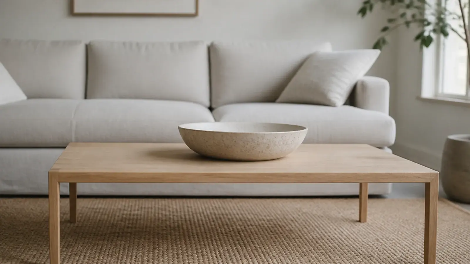 simple center table in a living room with a bare top and one bowl
