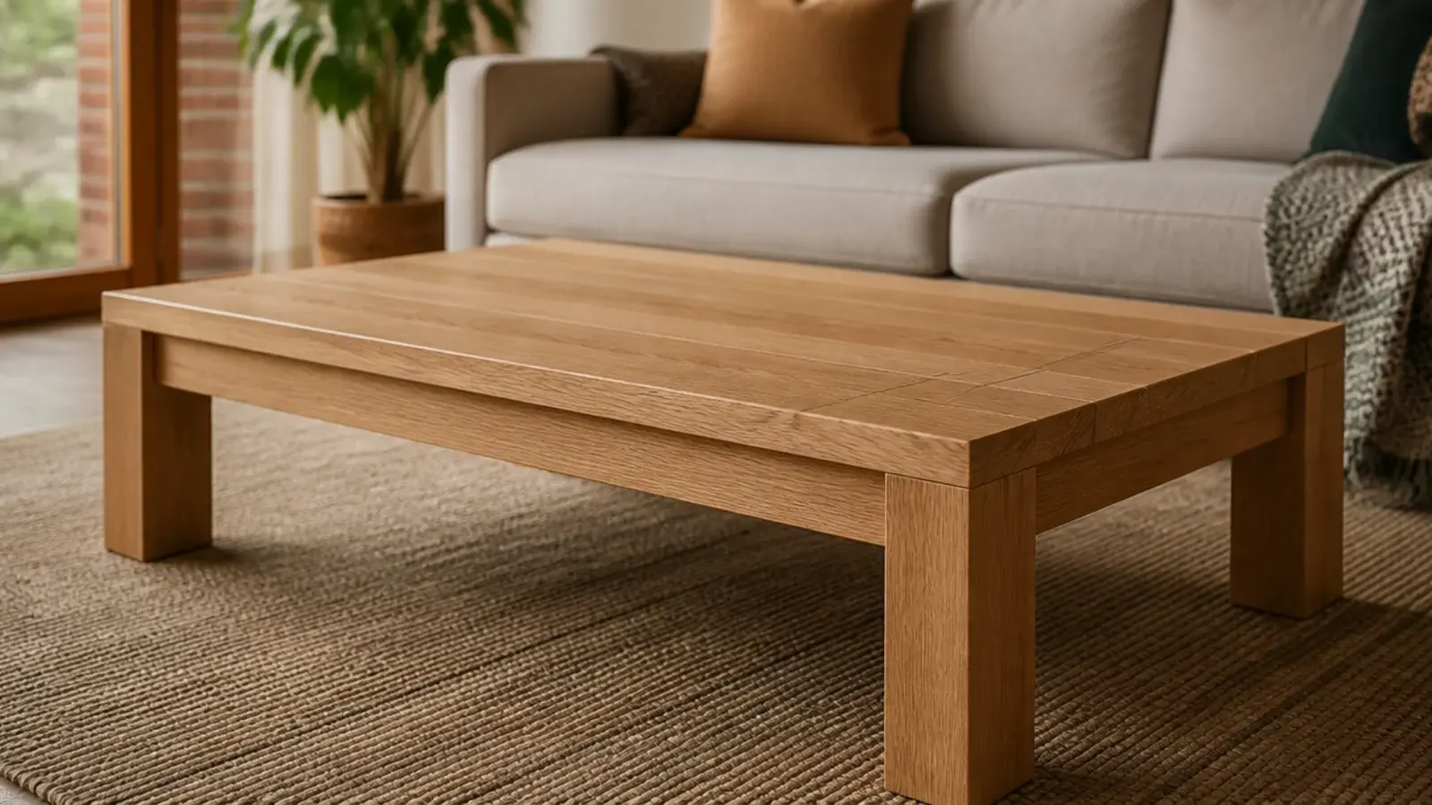finished wooden center table in a living room with an oiled oak top