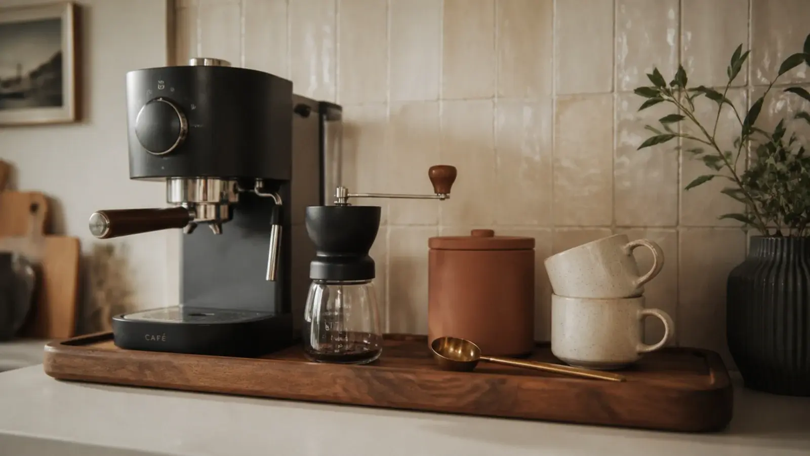 coffee bar accessories arranged on a walnut counter with mugs and grinder