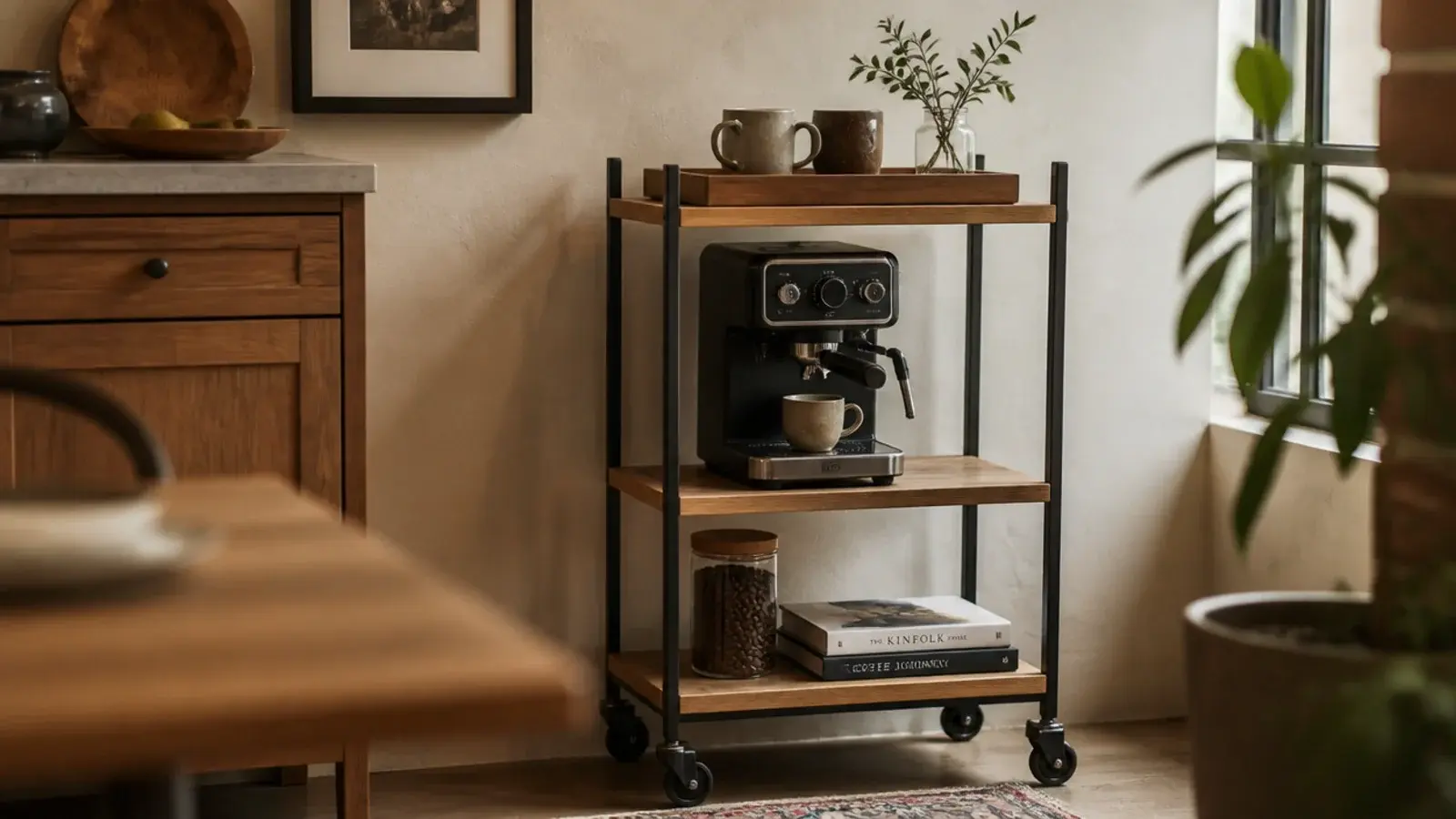 styled coffee bar cart in oak and black metal holding a machine and mugs