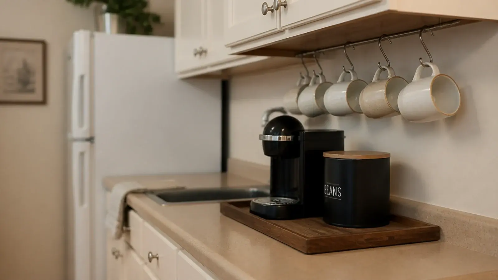 budget coffee bar in a small home kitchen with mugs beans and a tray