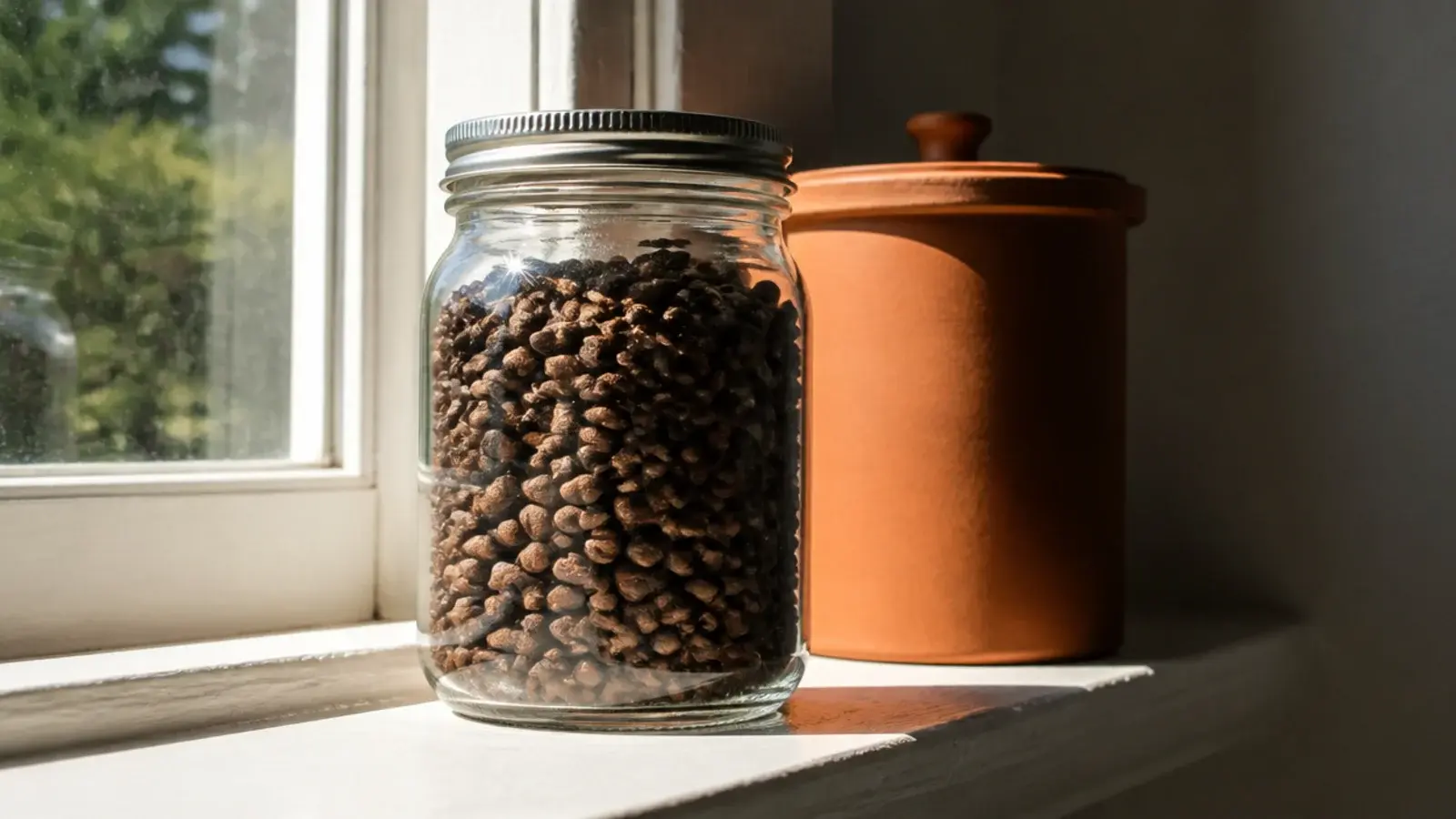 clear glass jar of coffee beans sitting in direct sun on a windowsill