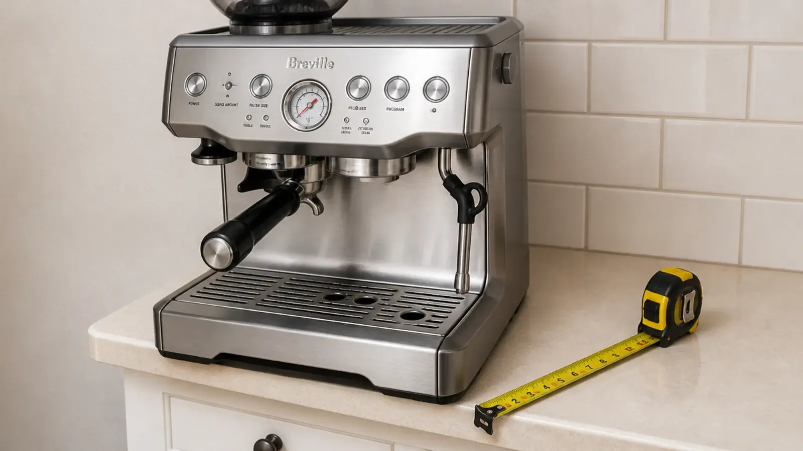 coffee machine overhanging the front edge of a shallow kitchen counter