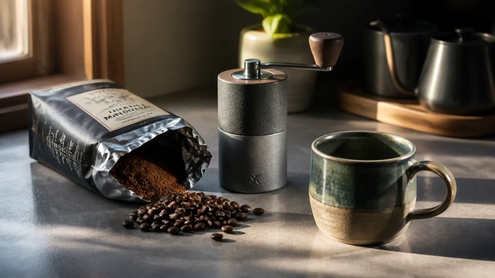 open bag of stale ground coffee beside fresh whole beans and a grinder