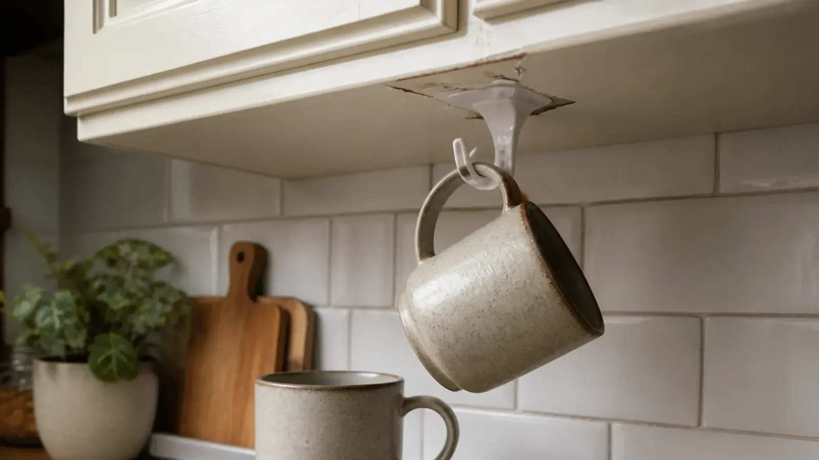 adhesive hook peeling from a cabinet under the weight of mugs