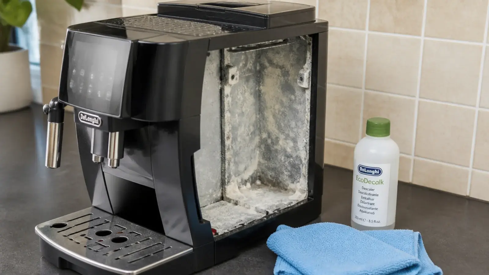 scaled up coffee machine reservoir beside a bottle of descaling solution