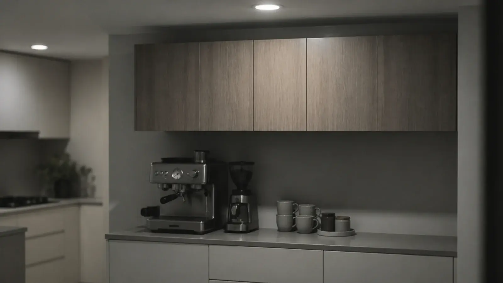 coffee corner lit flatly from above with grey looking mugs and wood