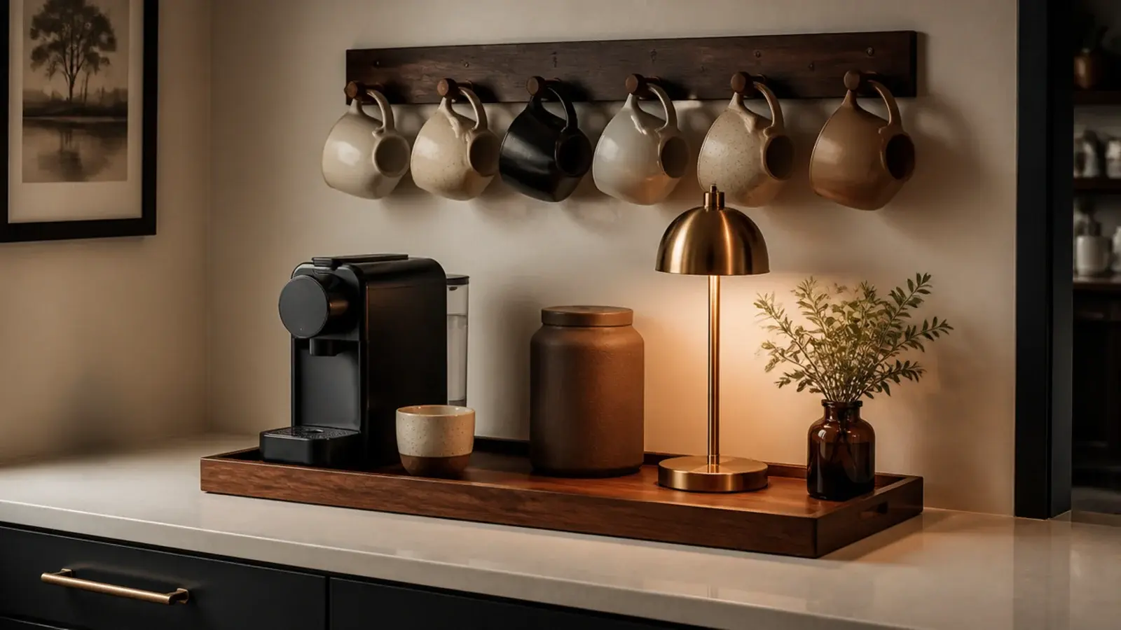 calmly edited coffee bar with tray canister mugs and warm side light