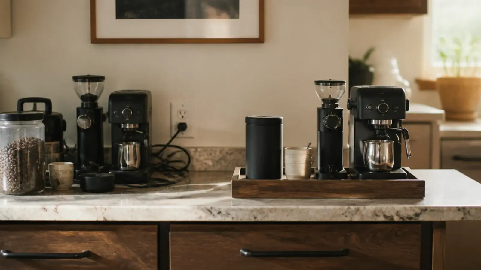 home coffee bar showing common coffee bar mistakes being fixed on a counter