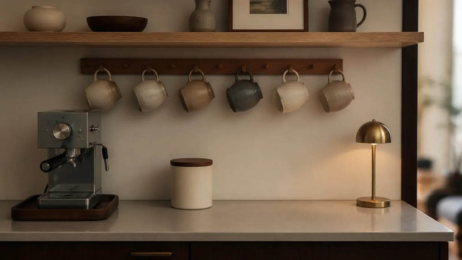 coffee corner before and after showing a cluttered counter restyled calmly