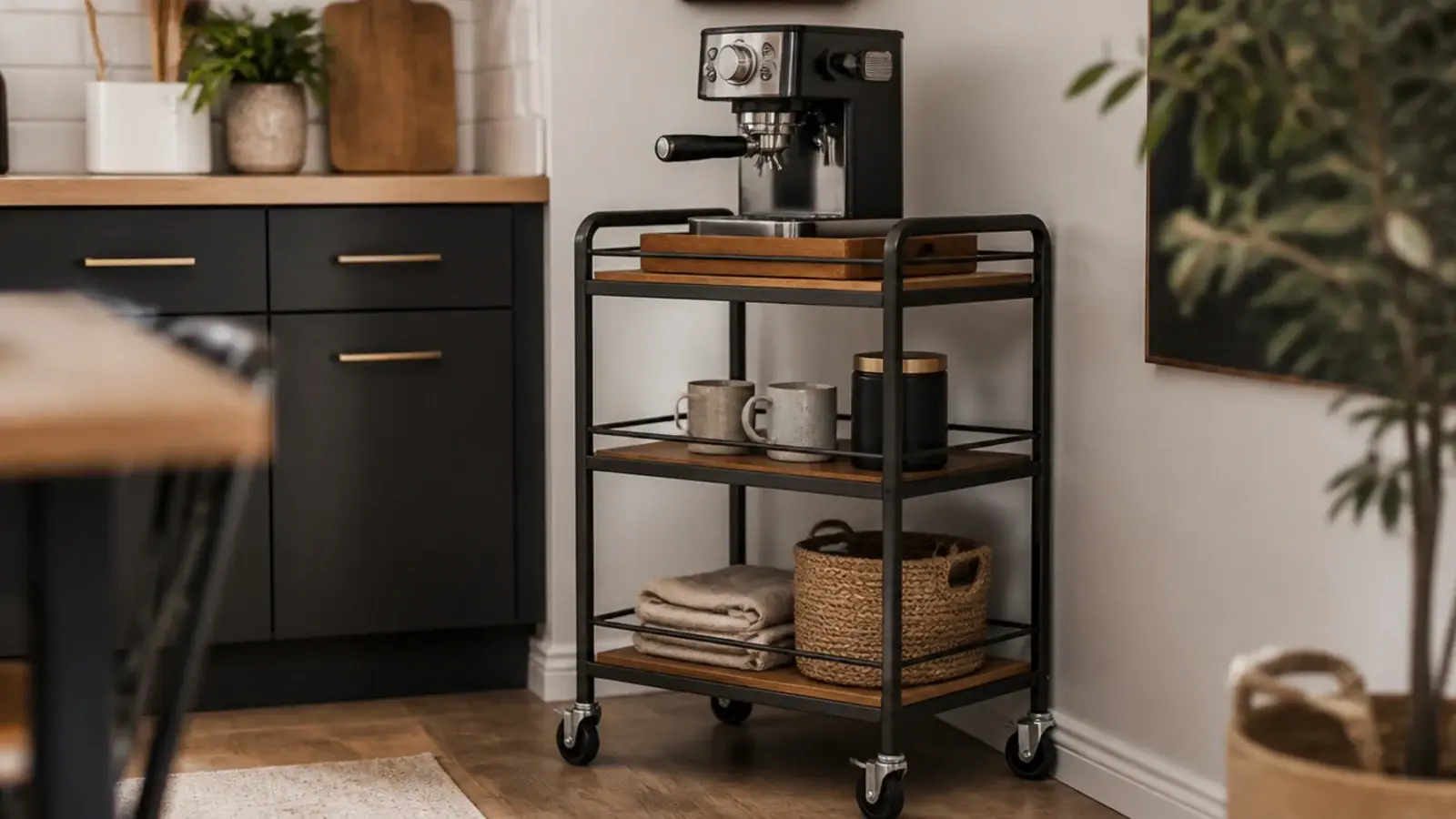 three tier rolling coffee cart parked in a small apartment kitchen corner