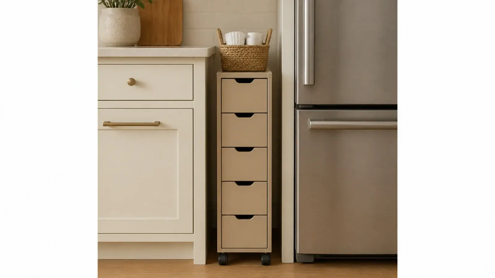 narrow rolling drawer unit slotted into a gap beside a kitchen fridge