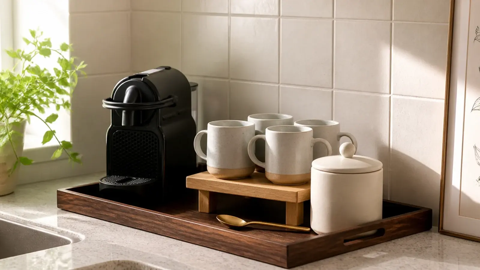 renter friendly coffee corner styled on a counter with mugs and beans