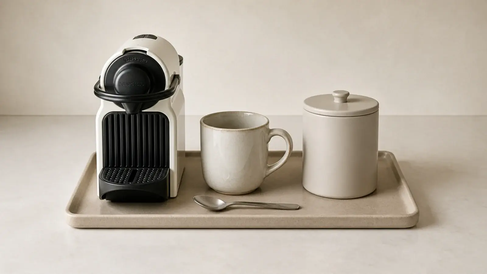 stoneware tray containing a small coffee setup on a busy counter