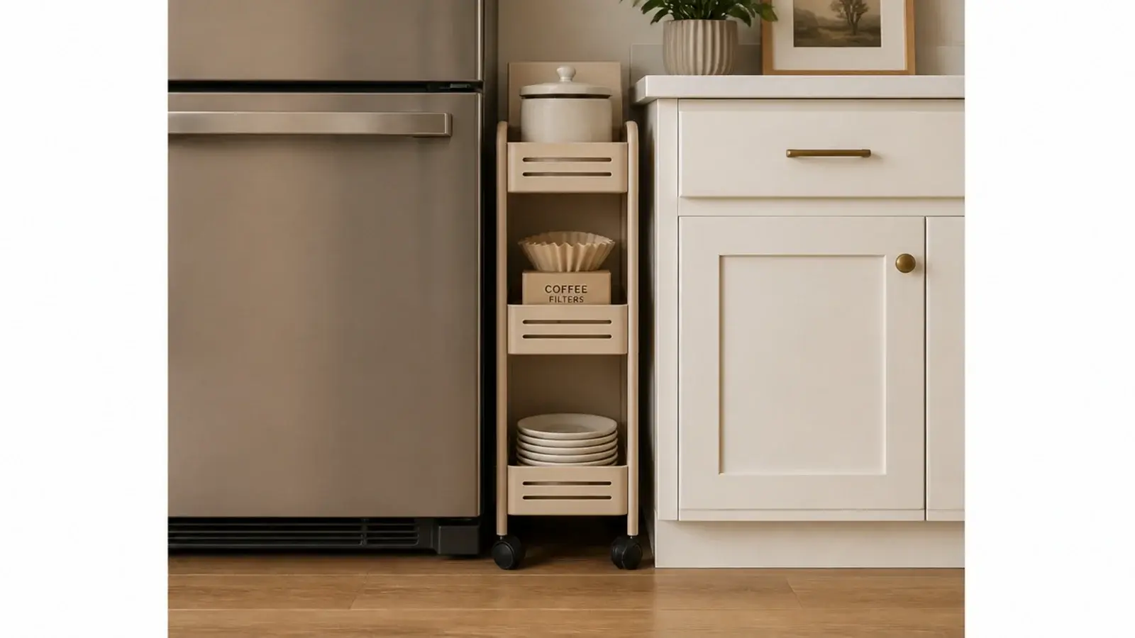 narrow rolling cart filling the slim gap beside a kitchen fridge
