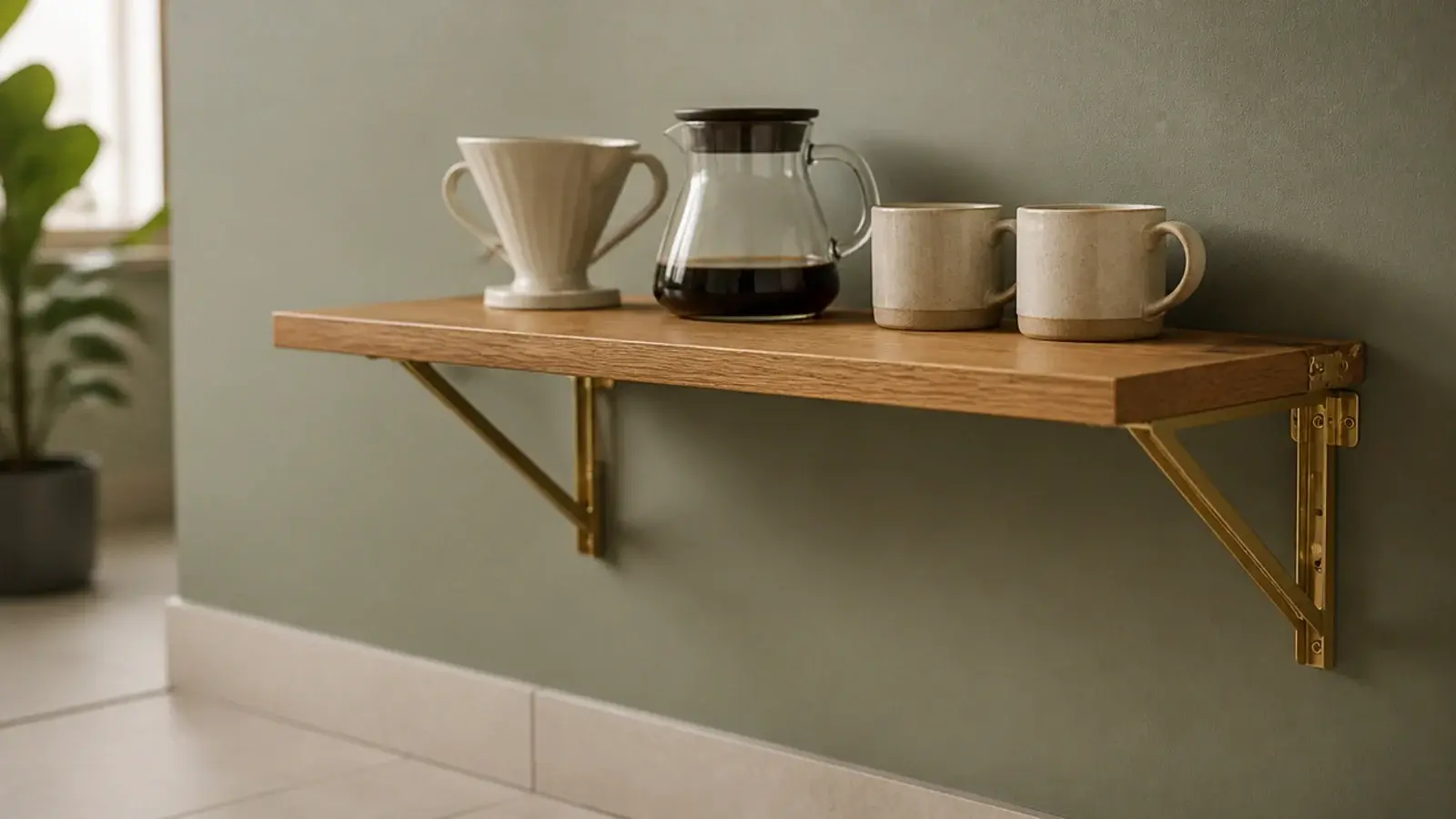 hinged fold down wooden shelf holding a small weekend coffee setup