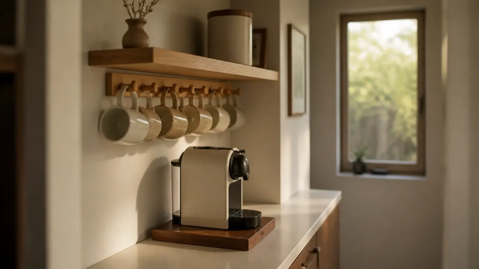 compact coffee corner in a small kitchen space with mugs and beans
