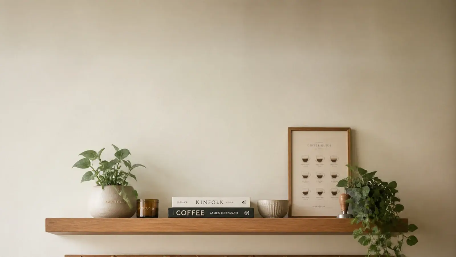 vertical small space coffee corner with shelf peg rail mugs and canister